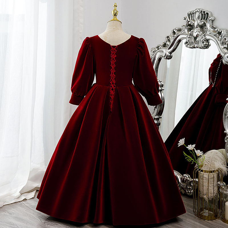 Burgundy Velvet Flower Girl Dress | Beaded Bow Sleeves