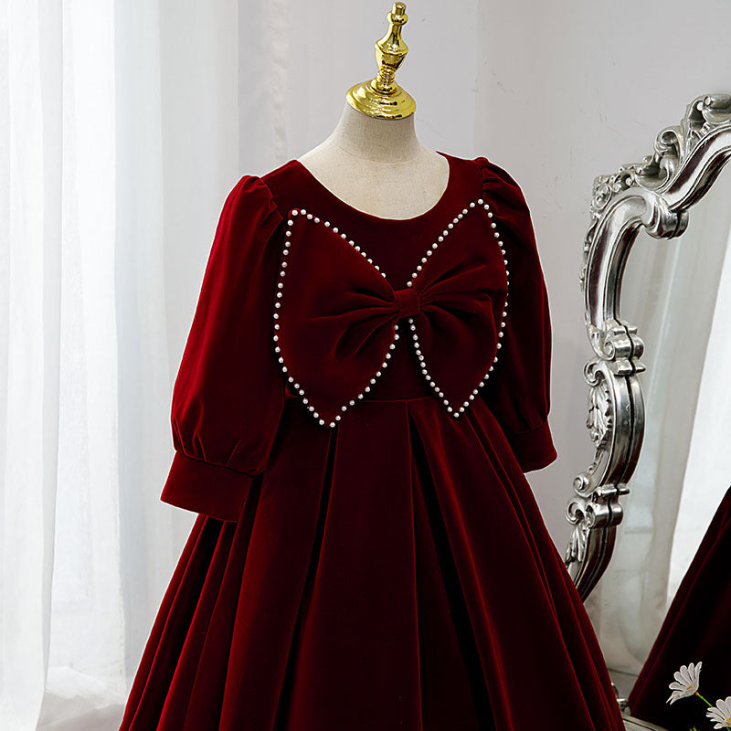 Burgundy Velvet Flower Girl Dress | Beaded Bow Sleeves