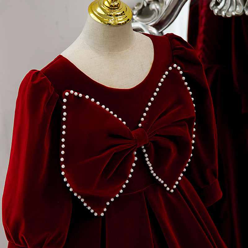 Burgundy Velvet Flower Girl Dress | Beaded Bow Sleeves
