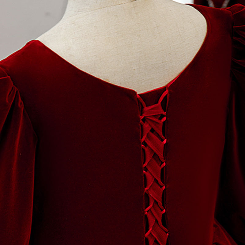 Burgundy Velvet Flower Girl Dress | Beaded Bow Sleeves