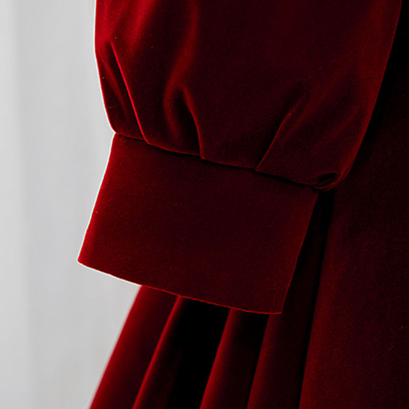 Burgundy Velvet Flower Girl Dress | Beaded Bow Sleeves