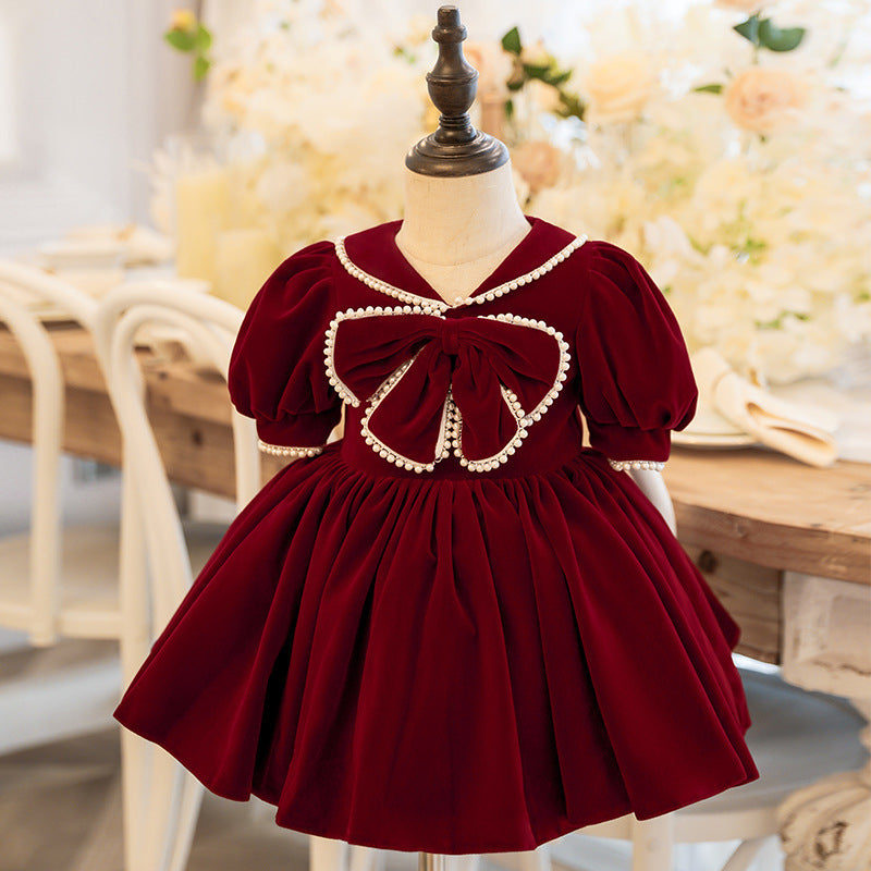 Burgundy Velvet Princess Flower Girl Dress Beaded Bow Collar