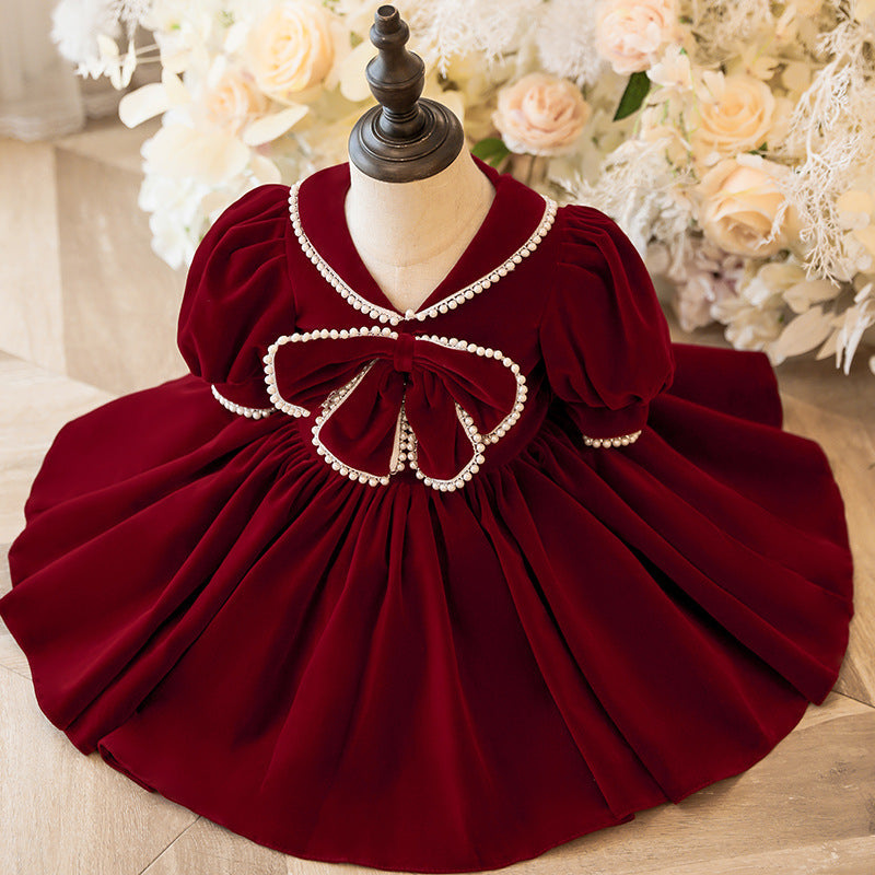 Burgundy Velvet Princess Flower Girl Dress Beaded Bow Collar