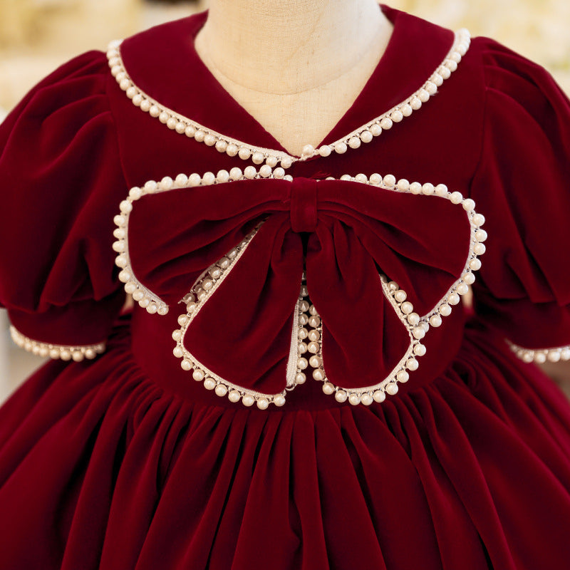 Burgundy Velvet Princess Flower Girl Dress Beaded Bow Collar