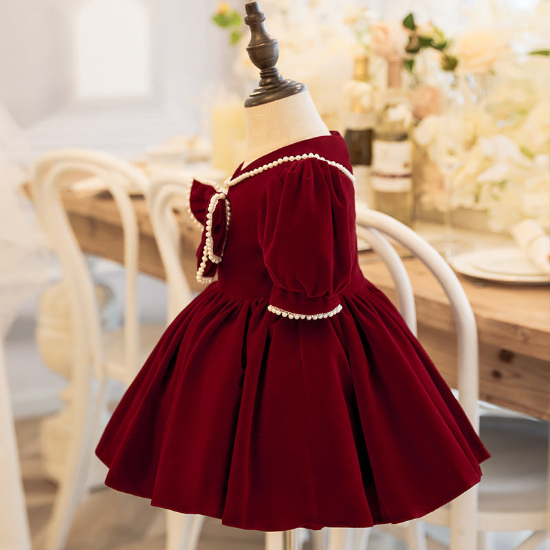 Burgundy Velvet Princess Flower Girl Dress Beaded Bow Collar