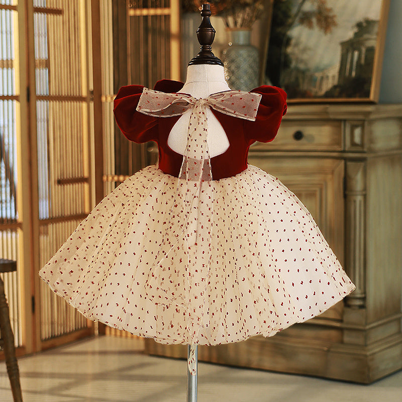 Burgundy Velvet Tulle A-Line Flower Girl Dress Puff Sleeve