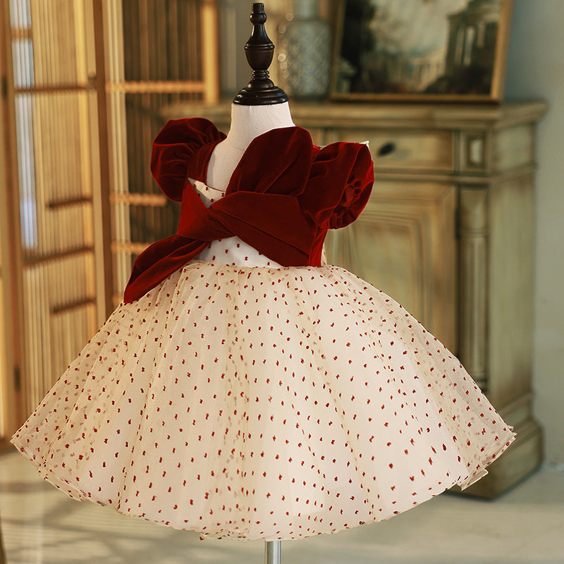Burgundy Velvet Tulle A-Line Flower Girl Dress Puff Sleeve