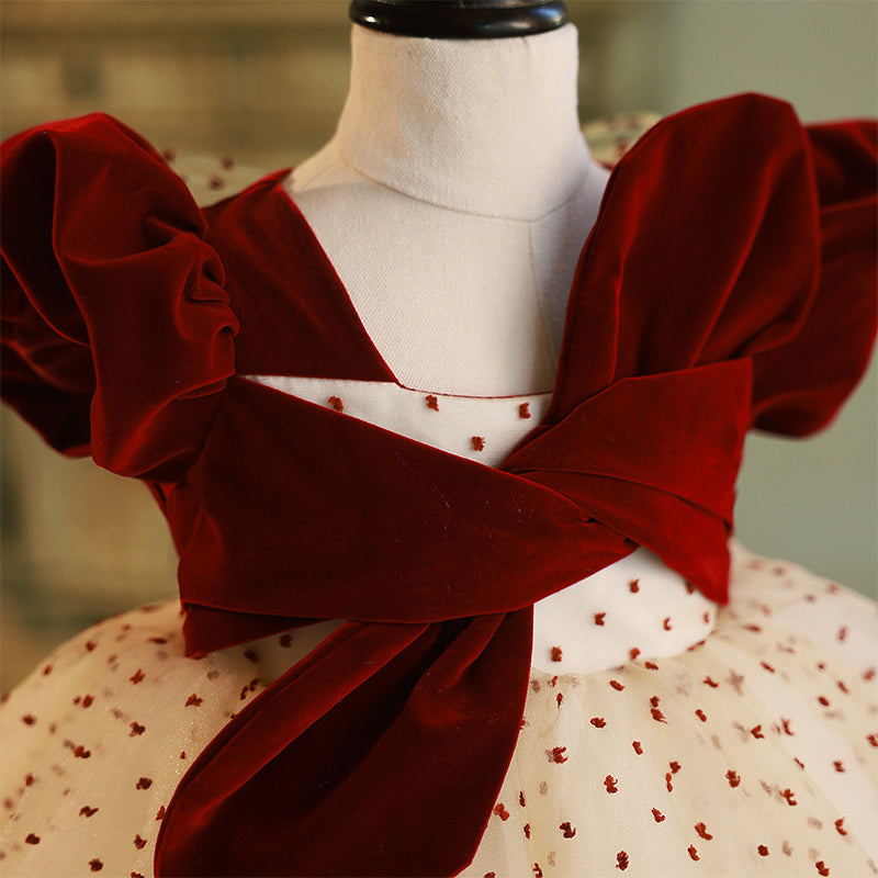 Burgundy Velvet Tulle A-Line Flower Girl Dress Puff Sleeve