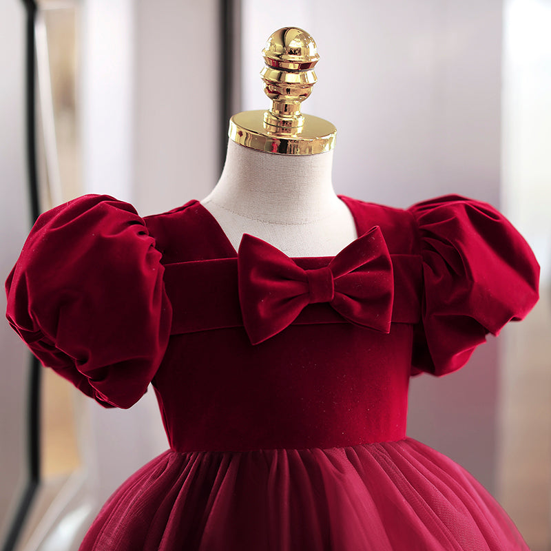 Burgundy Velvet Tulle Princess Flower Girl Dress Bow Puff
