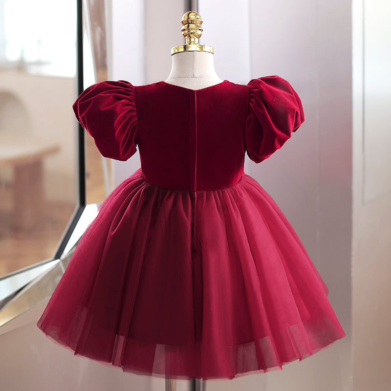Burgundy Velvet Tulle Princess Flower Girl Dress Bow Puff