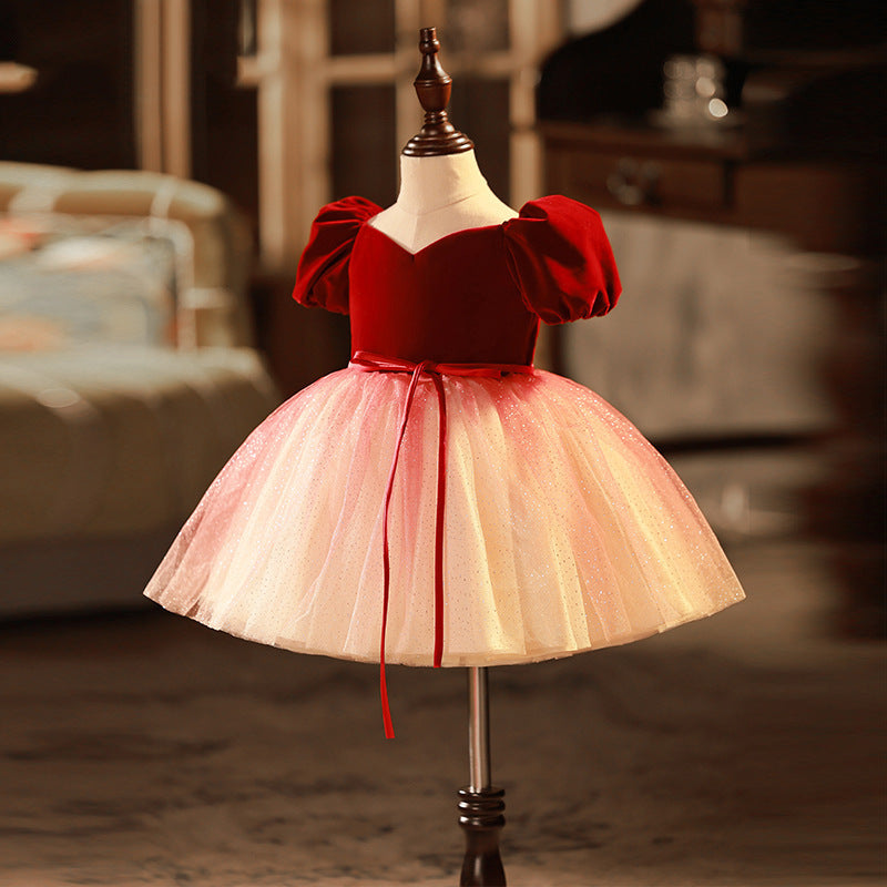 Burgundy Velvet Tulle Princess Flower Girl Dress Puff Sleeve