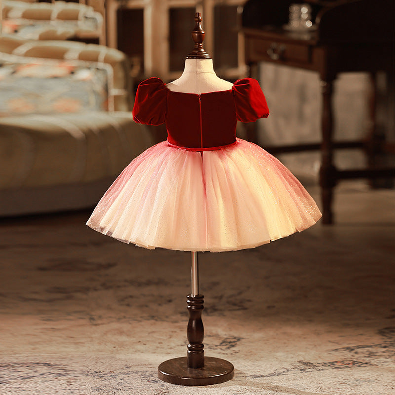 Burgundy Velvet Tulle Princess Flower Girl Dress Puff Sleeve
