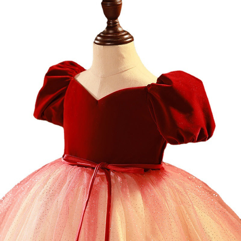Burgundy Velvet Tulle Princess Flower Girl Dress Puff Sleeve