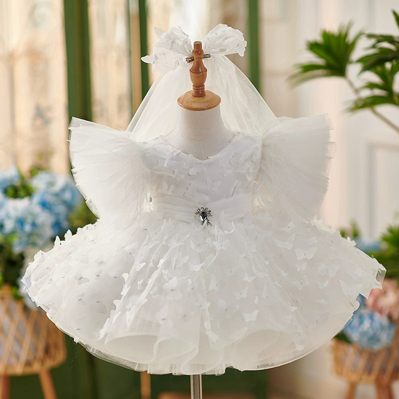 White Butterfly Ball Gown Tulle Dress for Girls – Tiered & Flower Embellishments | Special Occasion Dress