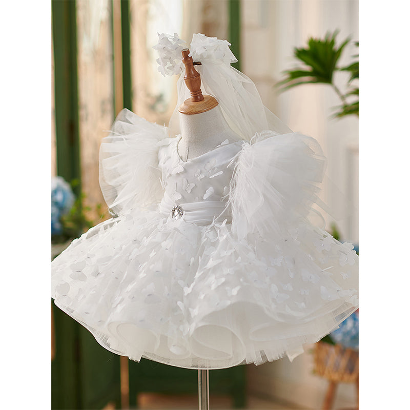 White Butterfly Ball Gown Tulle Dress for Girls – Tiered & Flower Embellishments | Special Occasion Dress