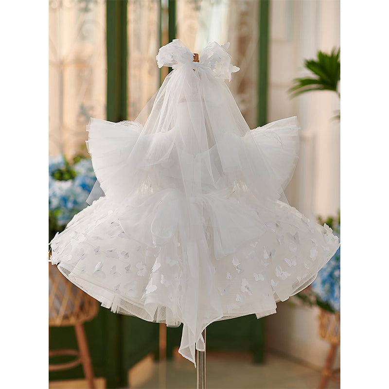 White Butterfly Ball Gown Tulle Dress for Girls – Tiered & Flower Embellishments | Special Occasion Dress