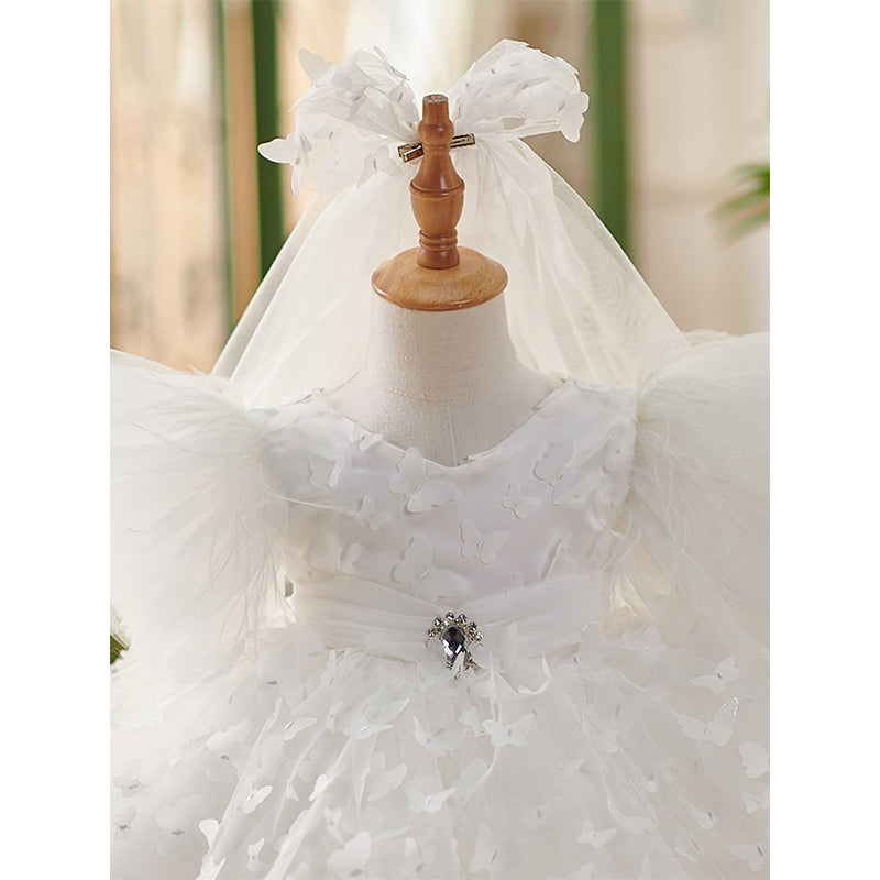 White Butterfly Ball Gown Tulle Dress for Girls – Tiered & Flower Embellishments | Special Occasion Dress