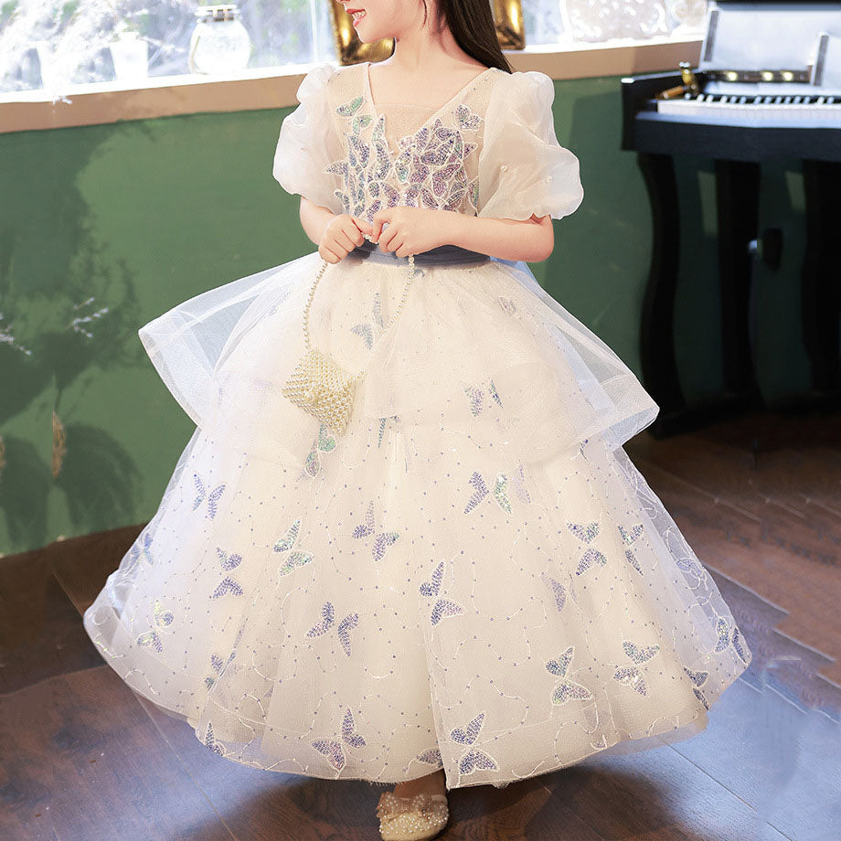 Butterfly Sequin Mesh Princess Dress for Girls | White Tulle Flower Girl Gown