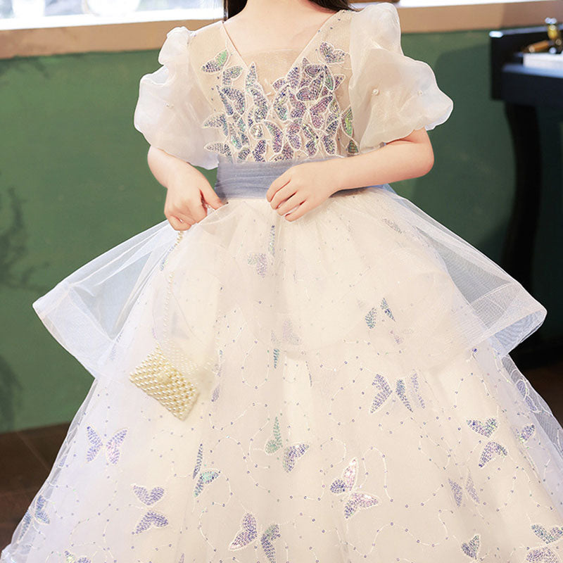 Butterfly Sequin Mesh Princess Dress for Girls | White Tulle Flower Girl Gown