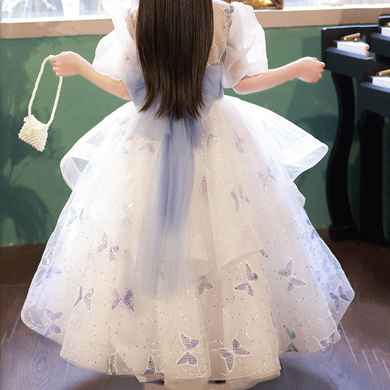 Butterfly Sequin Mesh Princess Dress for Girls | White Tulle Flower Girl Gown