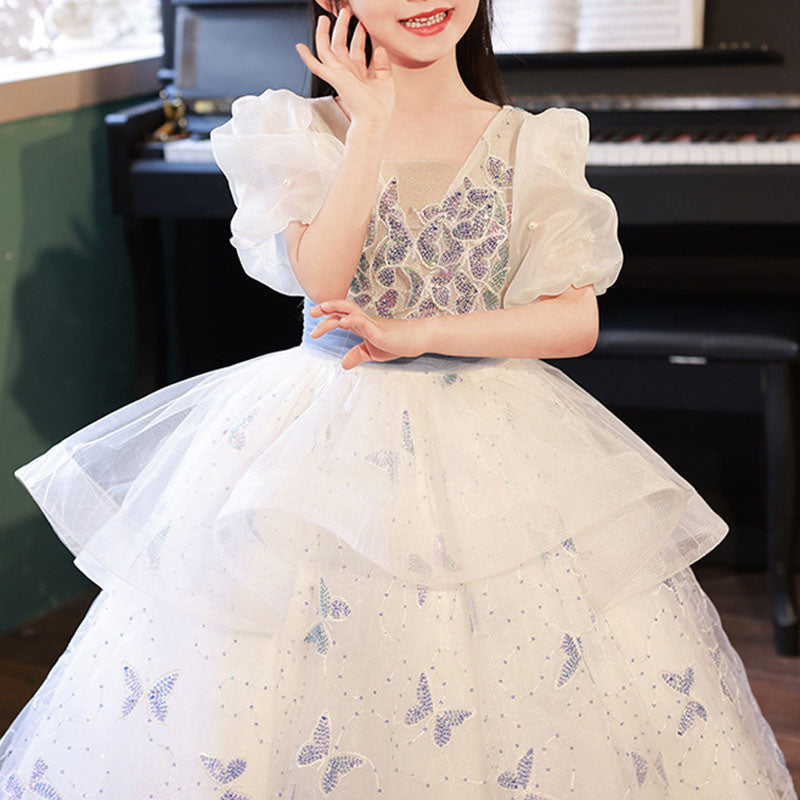 Butterfly Sequin Mesh Princess Dress for Girls | White Tulle Flower Girl Gown