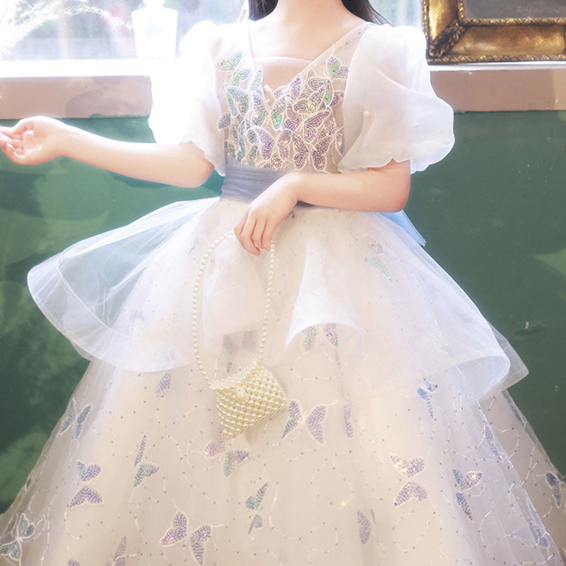 Butterfly Sequin Mesh Princess Dress for Girls | White Tulle Flower Girl Gown