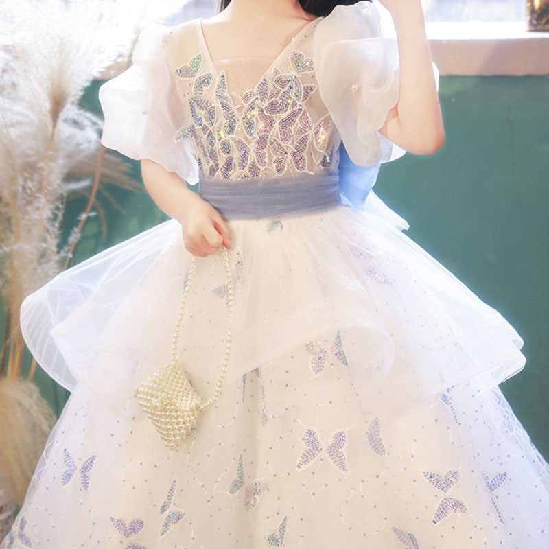 Butterfly Sequin Mesh Princess Dress for Girls | White Tulle Flower Girl Gown