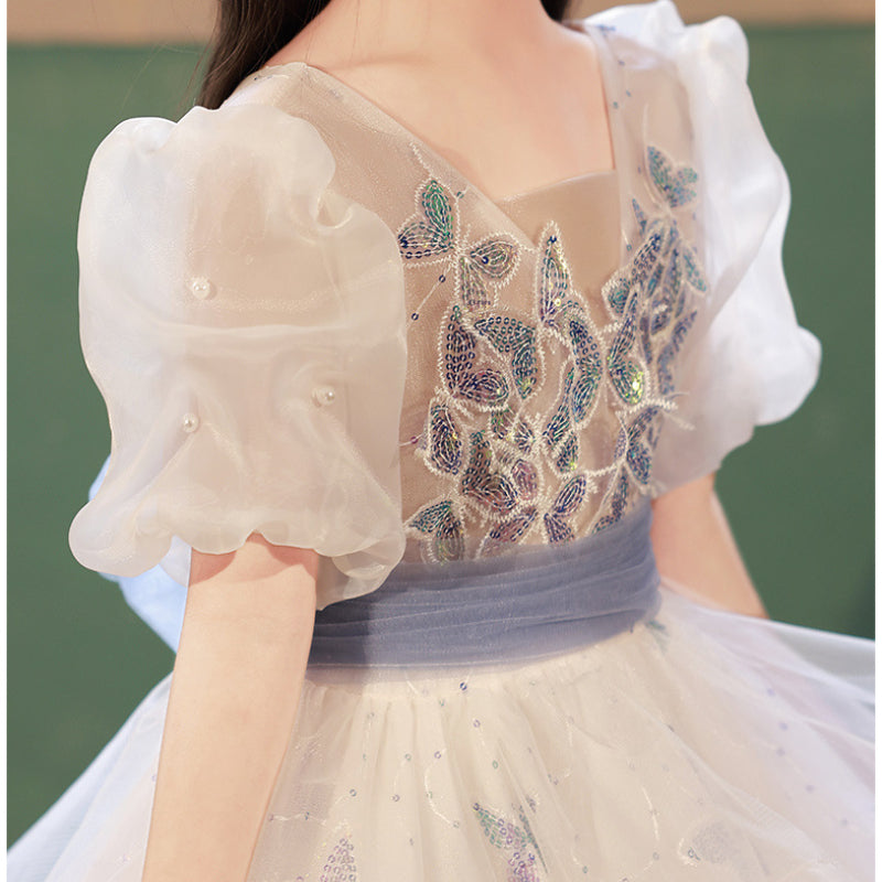 Butterfly Sequin Mesh Princess Dress for Girls | White Tulle Flower Girl Gown
