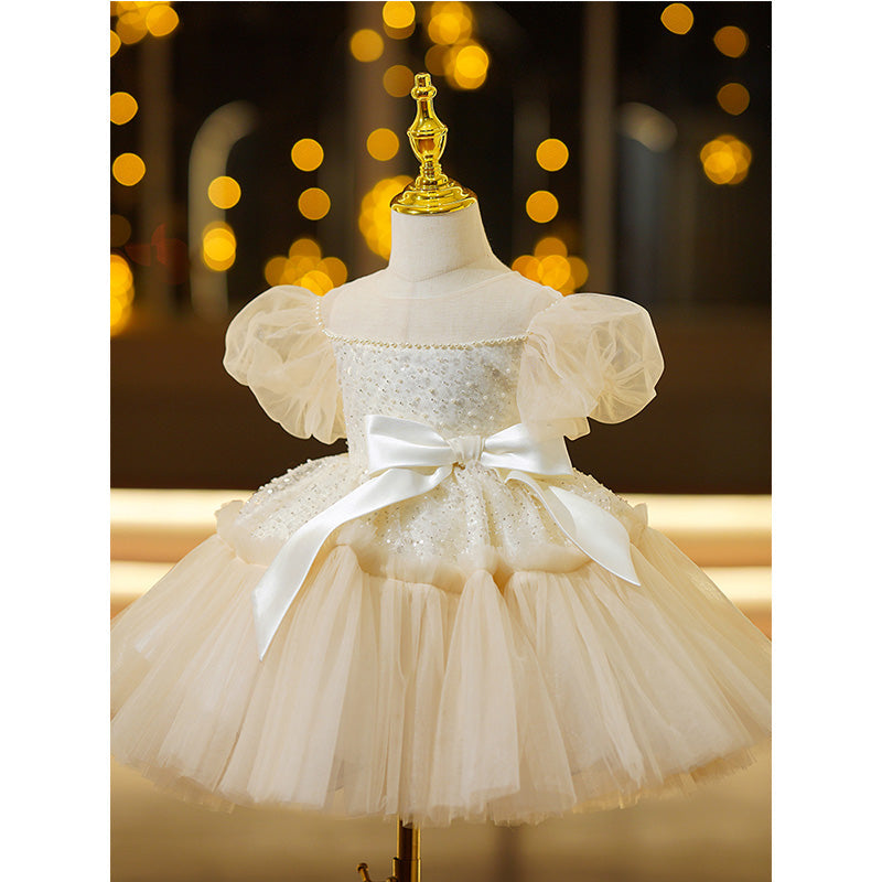 Champagne A-Line Flower Girl Dress - Sequin & Tulle