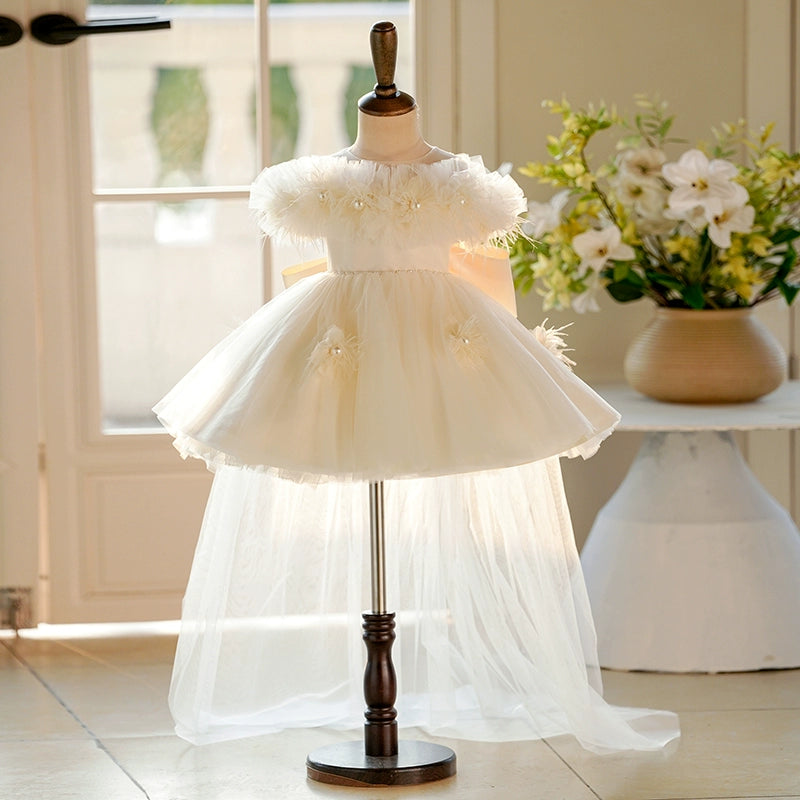 Champagne A-Line Princess Flower Girl Dress with Bows and Pleats | Champagne / 7-8 Years (140cm) Champagne A-Line Princess Flower Girl Dress with Bows and Pleats | Champagne / 7-8 Years (140cm)
