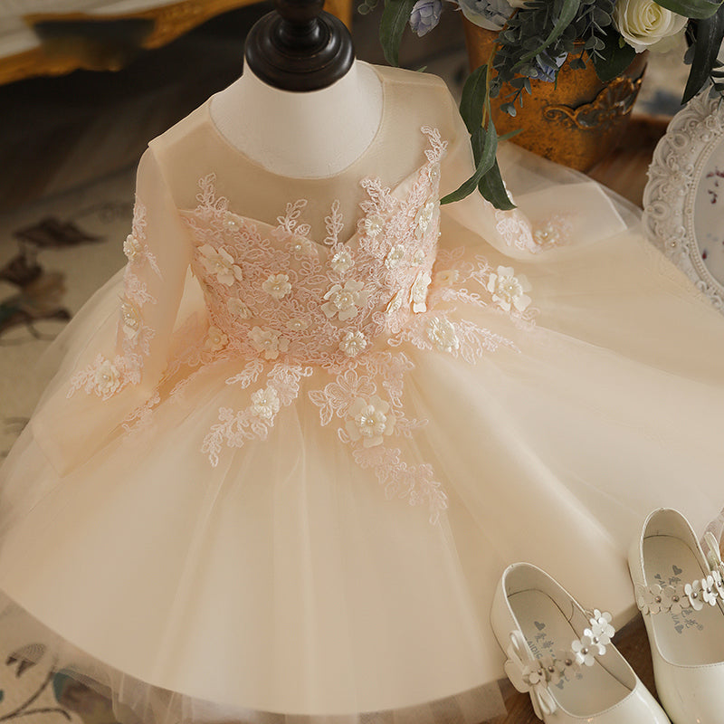 Champagne A-Line Tea-Length Flower Girl Dress with Lace Flowers