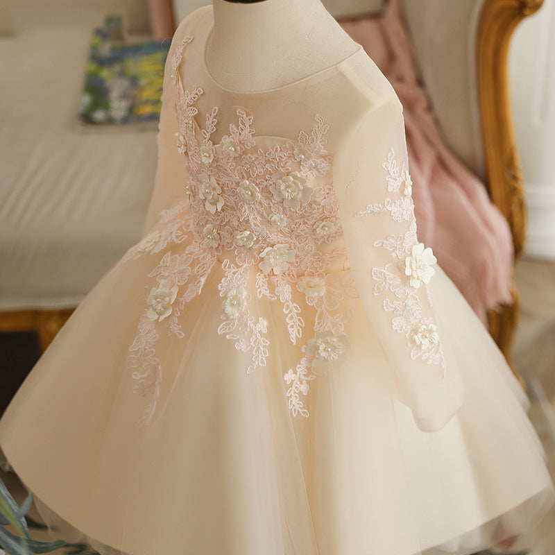 Champagne A-Line Tea-Length Flower Girl Dress with Lace Flowers