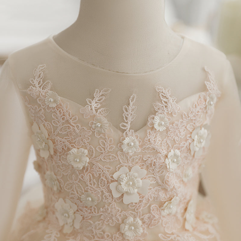 Champagne A-Line Tea-Length Flower Girl Dress with Lace Flowers