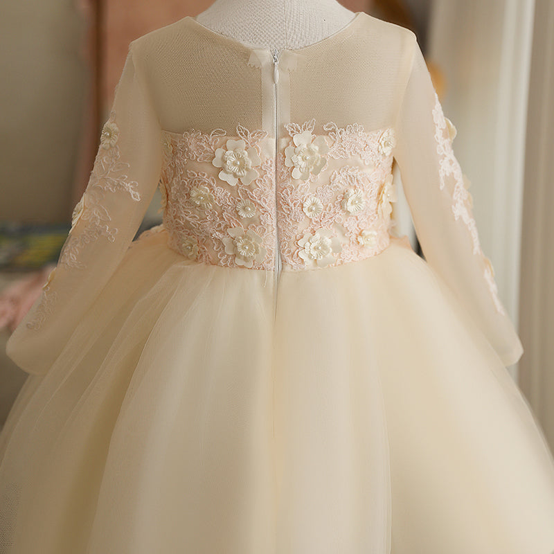 Champagne A-Line Tea-Length Flower Girl Dress with Lace Flowers