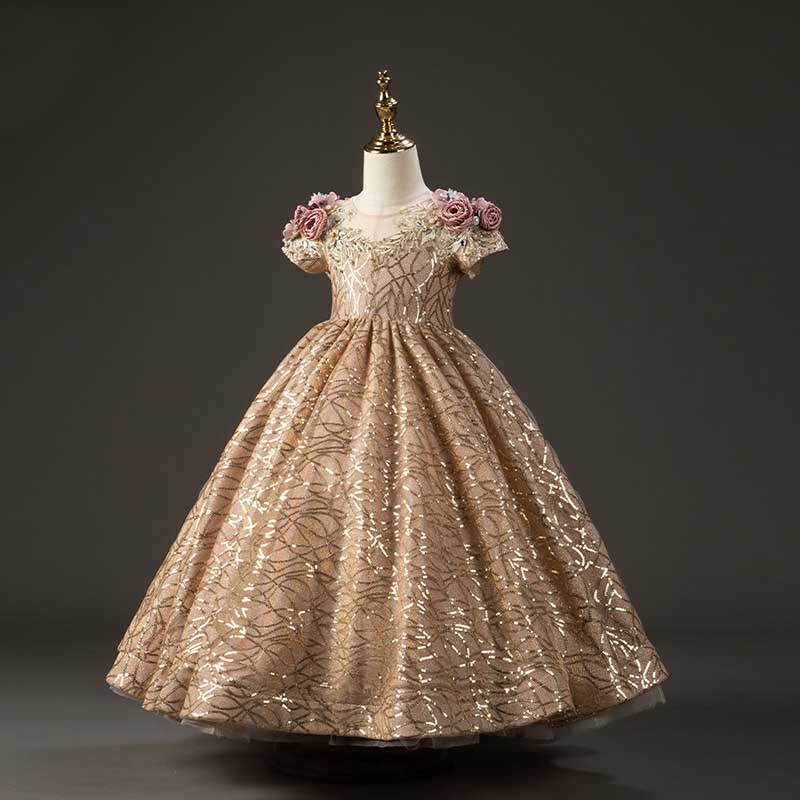 Champagne Ball Gown Flower Girl Dress – Sequin Floral Fluffy Formal Gown for Kids