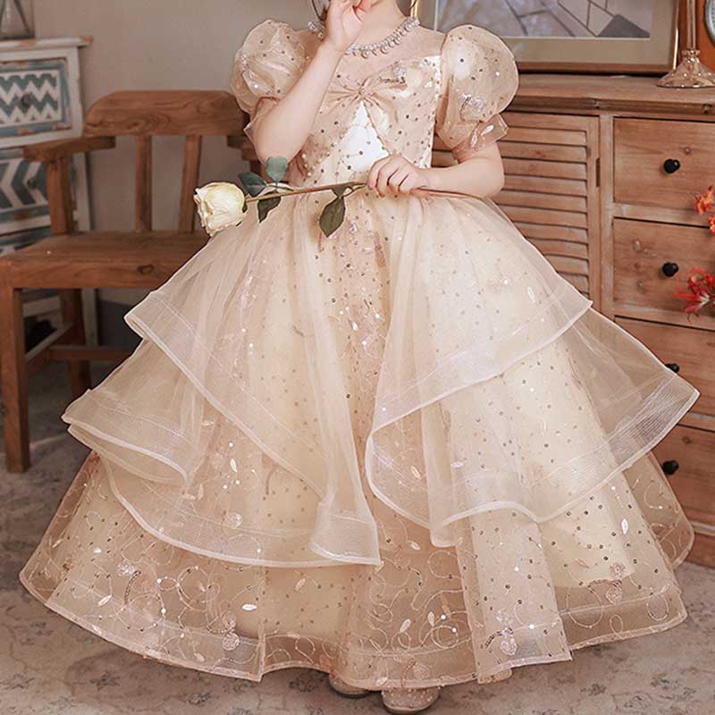 Champagne Tulle Flower Girl Ball Gown with Sequins, Bow & Beading | Birthday & Party Dress
