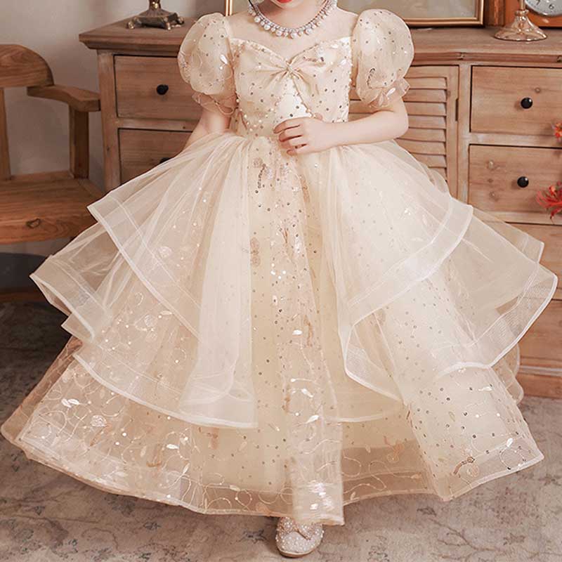 Champagne Tulle Flower Girl Ball Gown with Sequins, Bow & Beading | Birthday & Party Dress