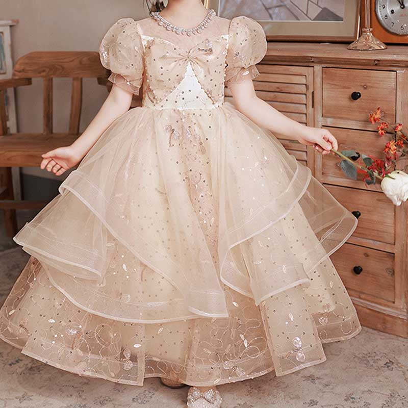 Champagne Tulle Flower Girl Ball Gown with Sequins, Bow & Beading | Birthday & Party Dress