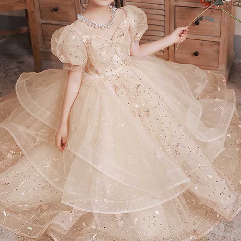 Champagne Tulle Flower Girl Ball Gown with Sequins, Bow & Beading | Birthday & Party Dress