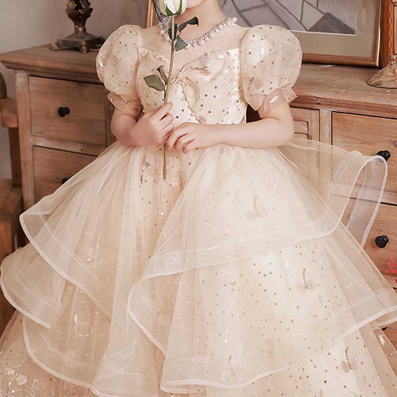 Champagne Tulle Flower Girl Ball Gown with Sequins, Bow & Beading | Birthday & Party Dress