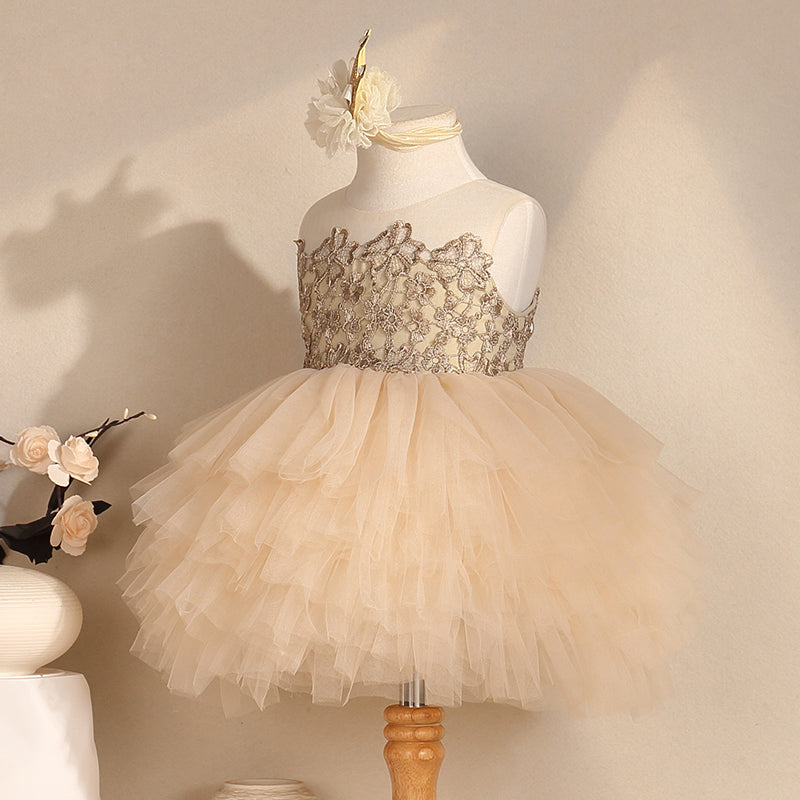 Champagne Lace Princess Tea-Length Flower Girl Dress