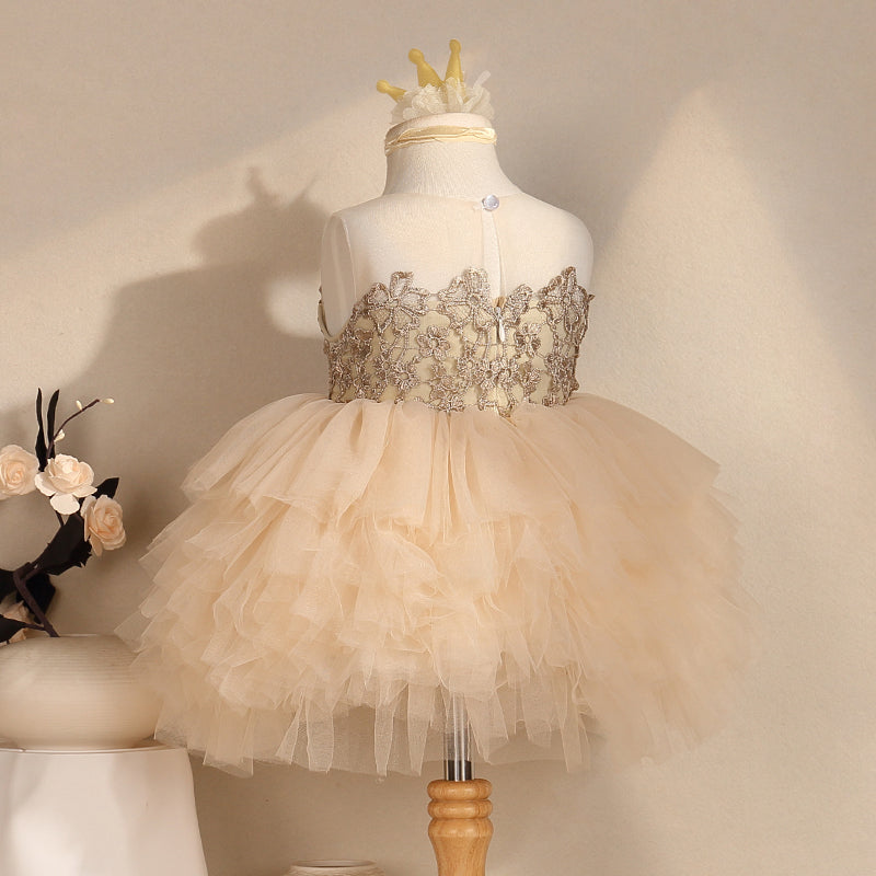 Champagne Lace Princess Tea-Length Flower Girl Dress