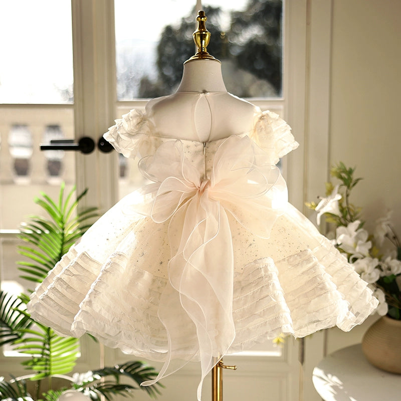 Champagne Lace Tulle Flower Girl Dress with Ruffles & Beading
