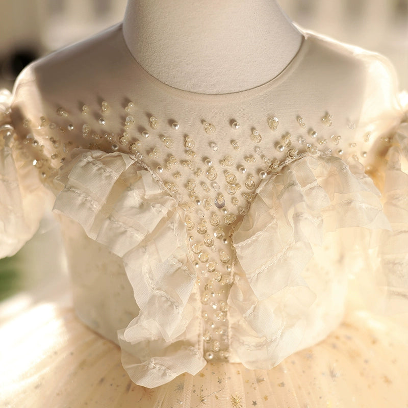Champagne Lace Tulle Flower Girl Dress with Ruffles & Beading