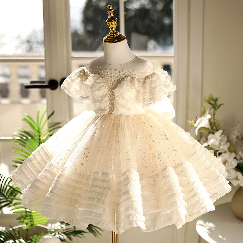 Champagne Lace Tulle Flower Girl Dress with Ruffles & Beading