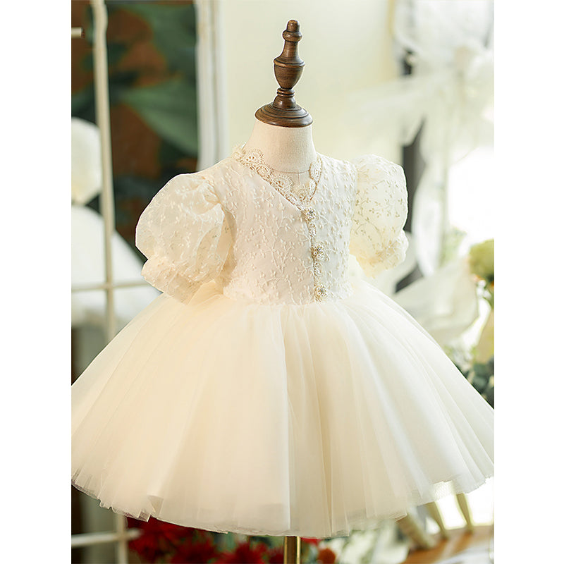 Champagne Lace Tulle Princess Flower Girl Dress V-Neck