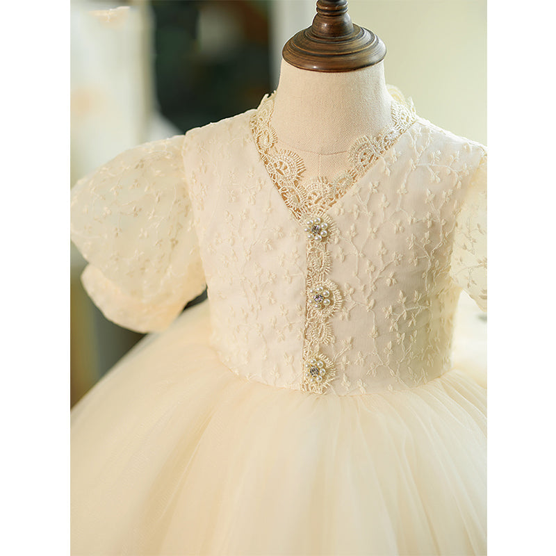 Champagne Lace Tulle Princess Flower Girl Dress V-Neck