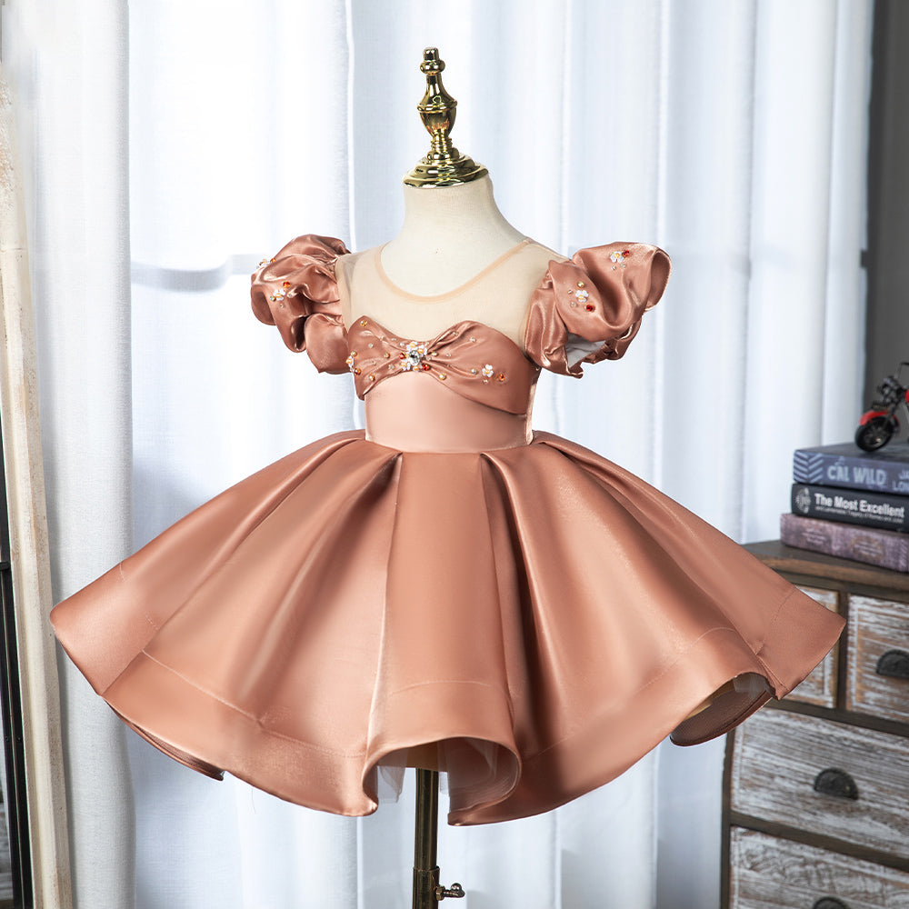 Champagne Organza Flower Girl Dress | Boat Neck Cap Sleeve