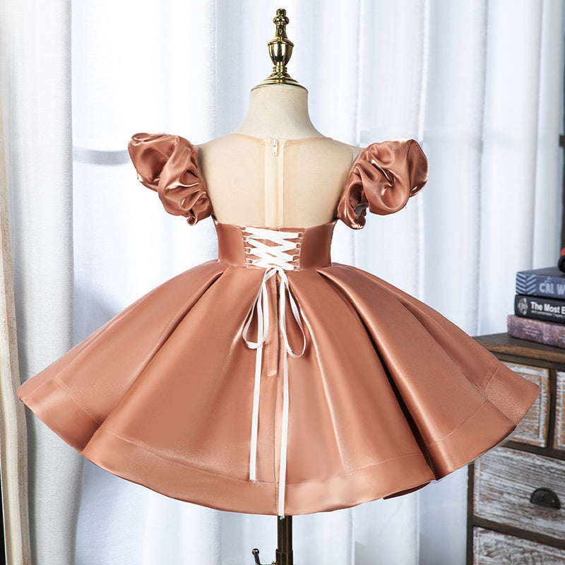 Champagne Organza Flower Girl Dress | Boat Neck Cap Sleeve