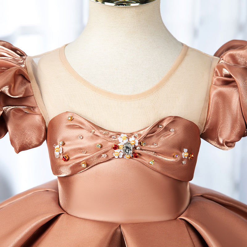 Champagne Organza Flower Girl Dress | Boat Neck Cap Sleeve
